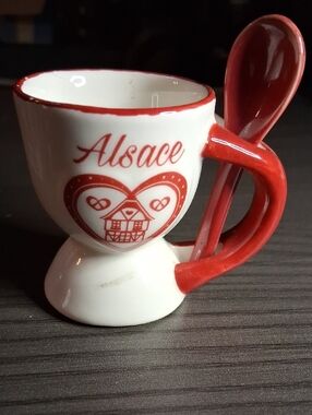 Ceramic Egg Cup with Red Accent and Spoon